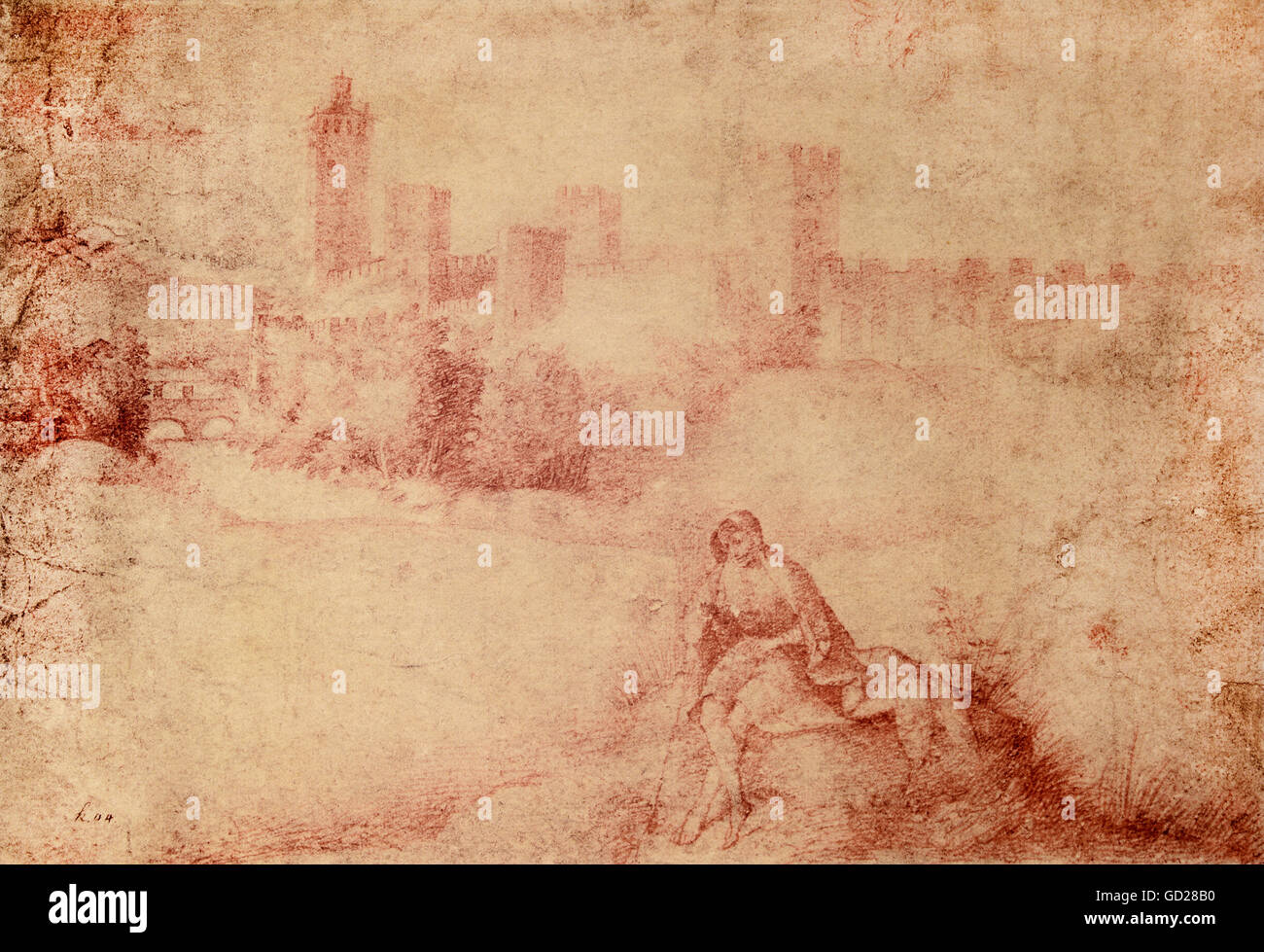 Bildende Kunst, Giorgione (Giorgio Barbarelli da Castelfranco, 1478-1510), Zeichnung, Landschaft mit Stadtmauer, Rötel, nach 1500, Wissenschaft, Wien, Artist's Urheberrecht nicht geklärt zu werden. Stockfoto