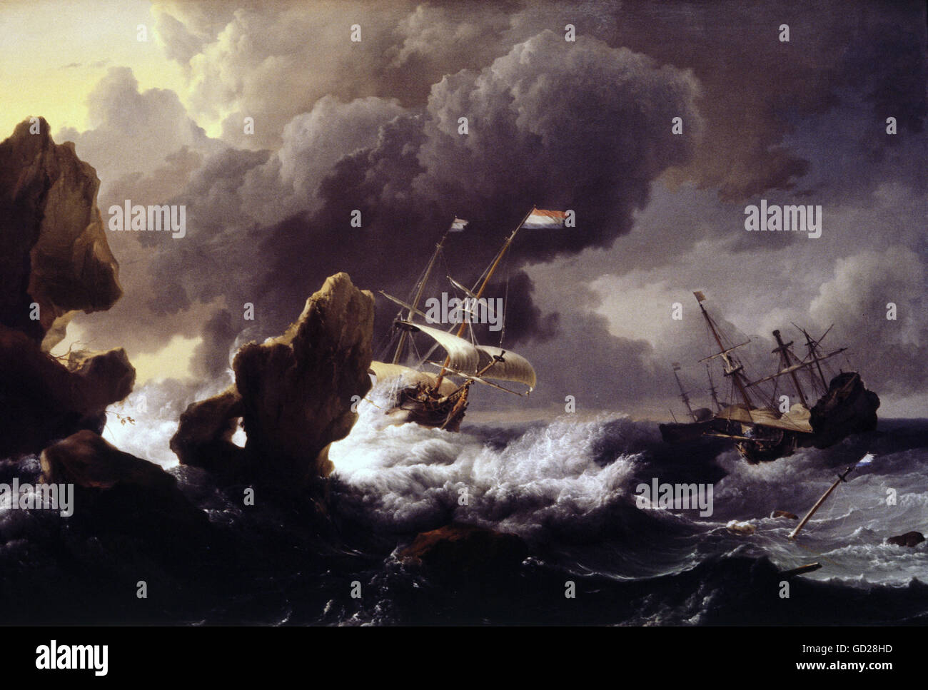 Bildende Kunst, Bakhuizen, Ludolf (1630 - 1708), Malerei, Schiffen, die in einem Sturm vor einer Klippe, Öl auf Leinwand, 1667, Nationalgalerie, Washington DC, Artist's Urheberrecht nicht geklärt zu werden. Stockfoto