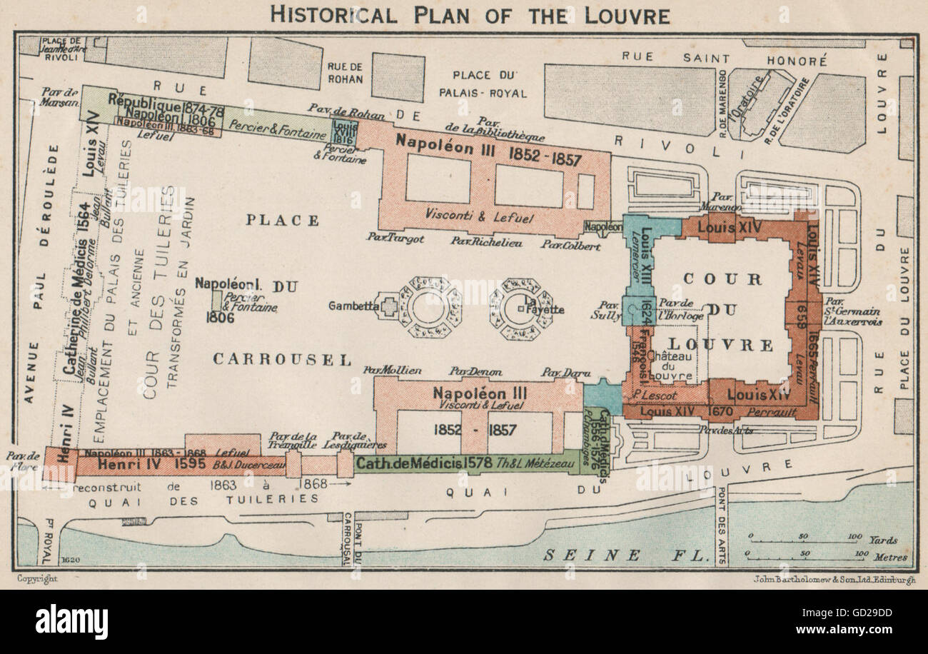 LOUVRE. Zeigt historische Entwicklung 1578-1878. Vintage Karte Plan. Paris 1927 Stockfoto