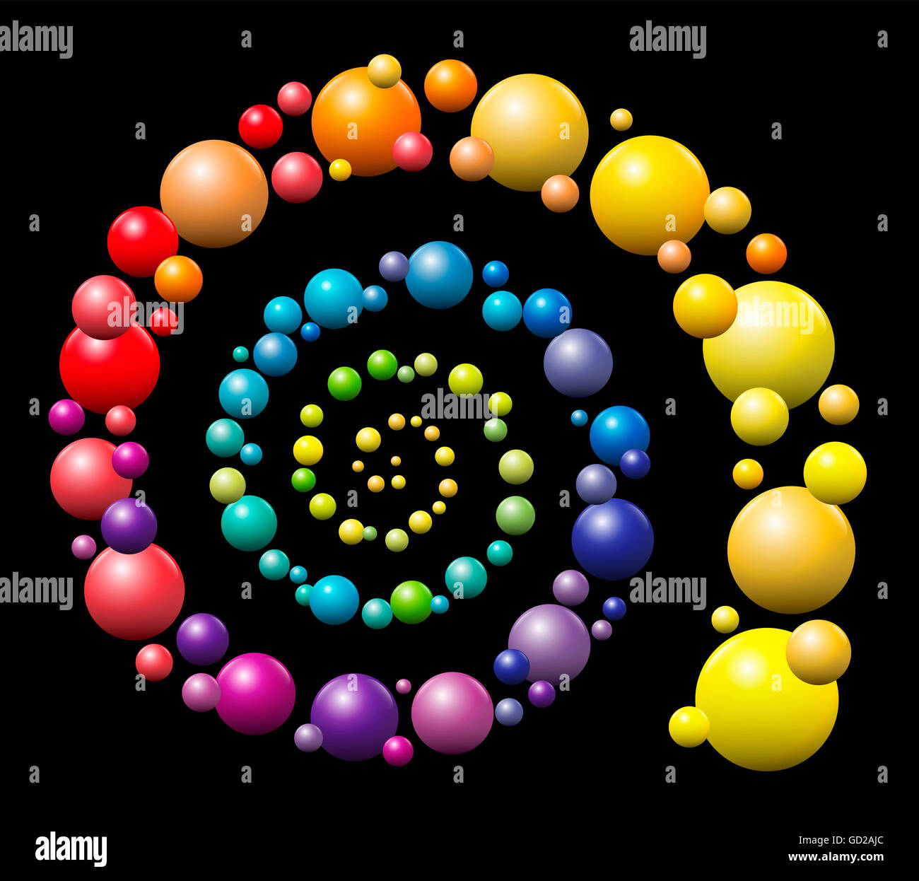 Spiral - Regenbogen Farbverlauf farbige Muster aus dreidimensionalen Kugeln auf schwarzem Hintergrund. Stockfoto