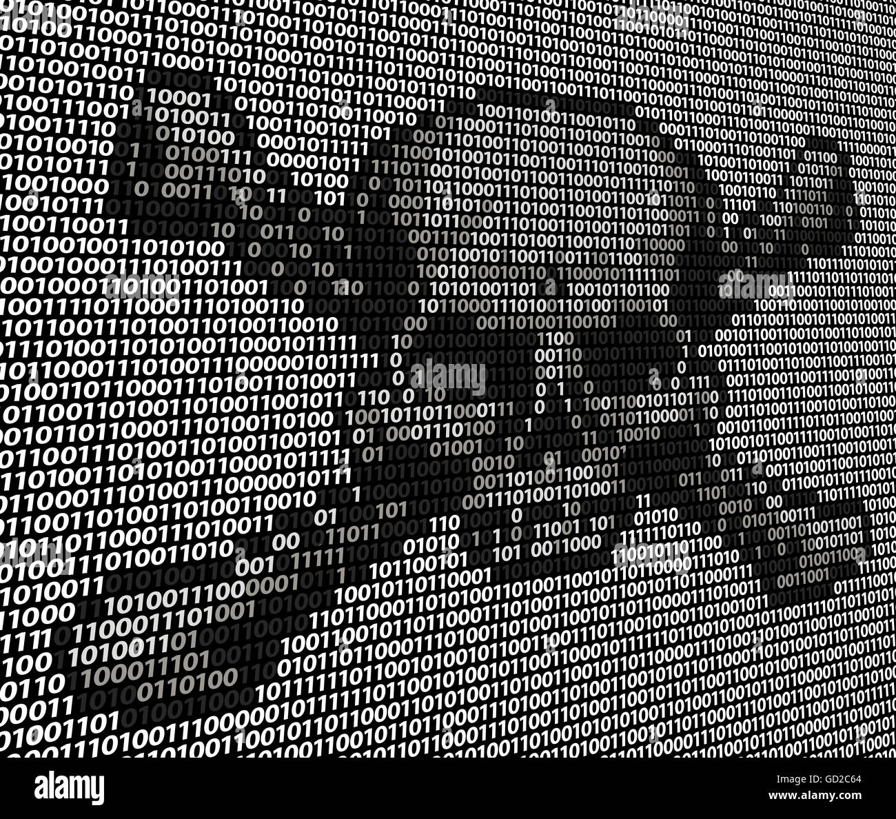 Schädel und gekreuzten Knochen Gefahr oder Piraterie Zeichen bestehend aus binären Einsen und Nullen Computercode. Konzept für Online-Piraterie, hacken Stockfoto