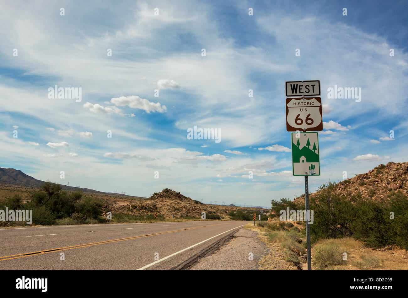 Historische Route 66 Zeichen; Arizona, Vereinigte Staaten von Amerika Stockfoto