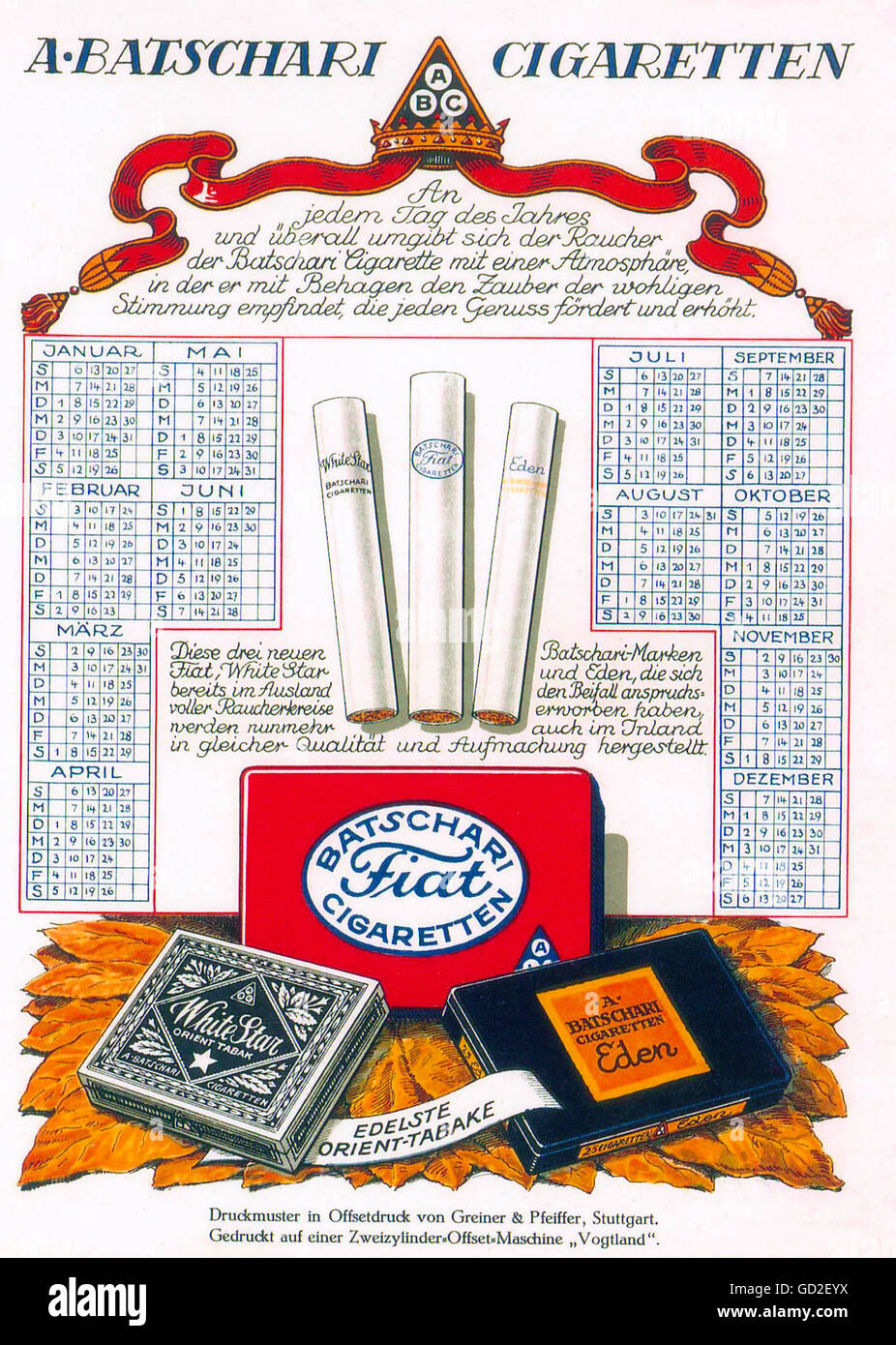 Werbung, Tabak, Zigaretten, A. Batschari Cigaretten, Marken Fiat, White Star und Eden, Poster, Kalender, Greiner und Pfeiffer, Stuttgart, um 1910, Additional-Rights-Clearences-not available Stockfoto