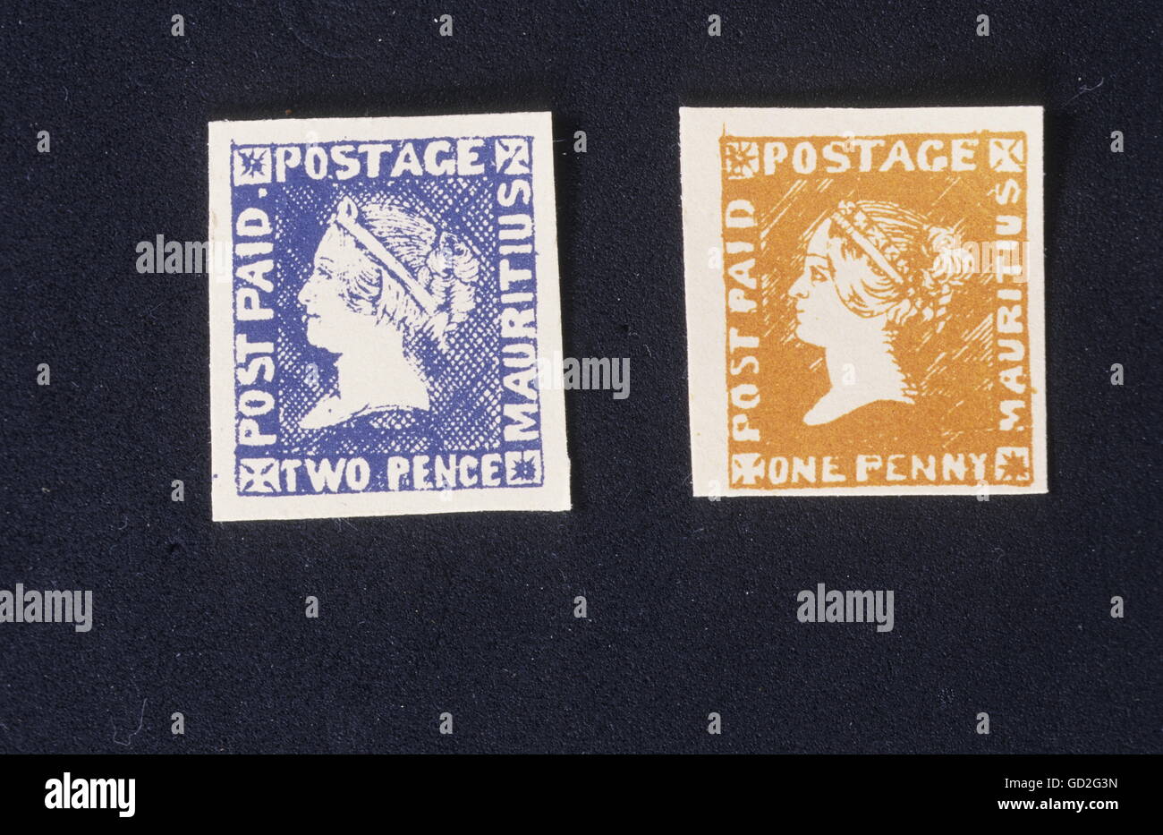 Post, Briefmarken, Großbritannien, Mauritius Blue Two Pence ('Blaue Mauritius'), Orange-Red One Penny ('Red Mauritius'), 1847, Nachdruck, Zusatzrechte-Clearences-nicht vorhanden Stockfoto