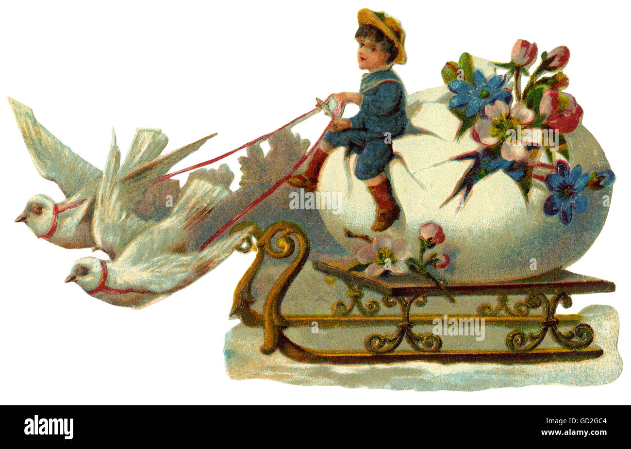 Festlichkeiten, Ostern, Taubenzug Schlitten mit Osterei, Schrottbild, Deutschland, um 1912, Zusatz-Rechteklärung-nicht vorhanden Stockfoto