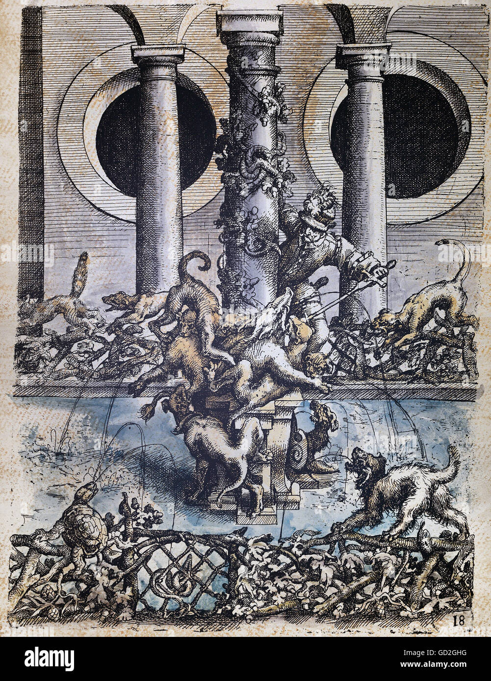 Bildende Kunst, Dietterlin, Wendel (1550-/1551-1599), Ätzen, Konzept für eine Jagd Brunnen mit wildschwein jagd, aus: "Architectura", Nürnberg, 1598, Privatsammlung, Artist's Urheberrecht nicht geklärt zu werden. Stockfoto