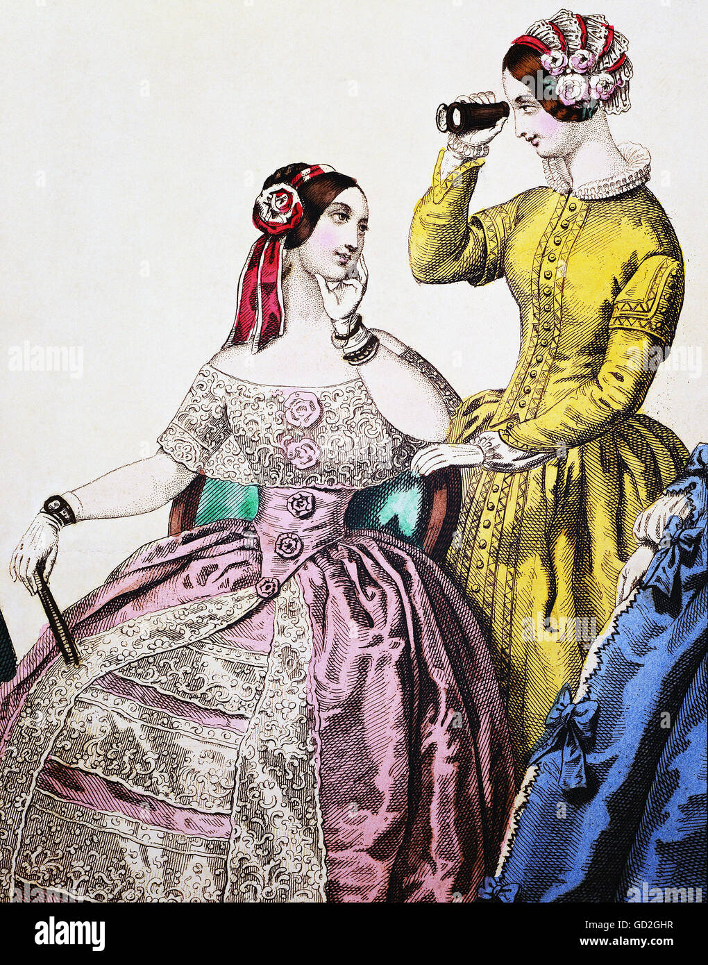 Mode, 19. Jahrhundert, Frau im Ballkleid und Frau im Reisekleid, Stahlgravur, farbig, Wien, 1846, Additional-Rights-Clearences-not available Stockfoto