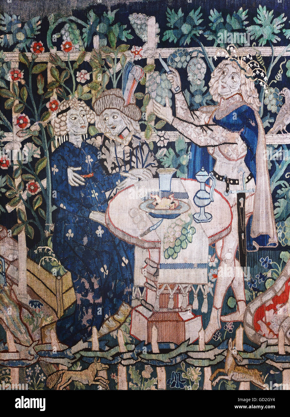 Bildende Kunst, Wandteppich, 'der Garten der Liebe', Detail, Paar beim Essen im Weinstock, Oberrhein, um 1460 / 1470, zusätzliche-Rechte-Clearenzen-nicht vorhanden Stockfoto