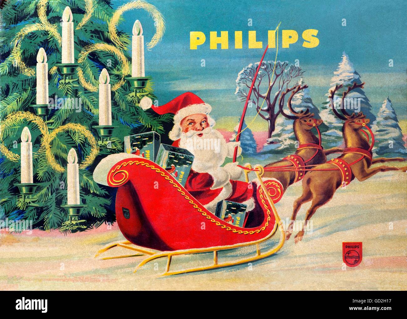 Weihnachten, Weihnachtsbaumbeleuchtung von Philips, Verpackung, St.  Nikolaus bringt die Weihnachtsbaumlichter mit dem Schlitten, Deutschland,  um 1959, zusätzliche-Rechte-Clearences-nicht verfügbar Stockfotografie -  Alamy