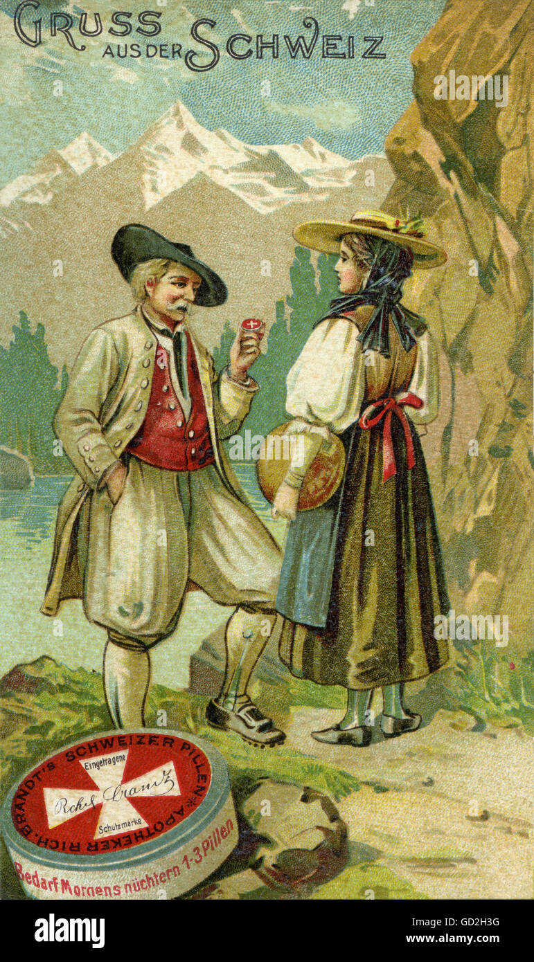 Werbung,Schweizer Pille,Kathartische Medizin,Richard Brandts Schweizer Pillen,hergestellt seit 1877,Pharmadistribution,Vertrieb von Arzneimitteln gegründet vom Frankfurter Kaufmann Gottfried Leonhard Daube,Rezept für die Zubereitung kommen von der Apotheke Richard Brandt,Deutschland,1898,Pharma,Pharmawerbung,Apotheke,Apotheken,Drogerie,Apotheke,Drogerien,Drogerien,Apotheke,Drogerien,Apotheke,Drogerien,Apotheke,Drogeriemarkt,Schaulithologie,gegen Verstopfung,keine Abbildung,Lithographie,Lithographie Stockfoto