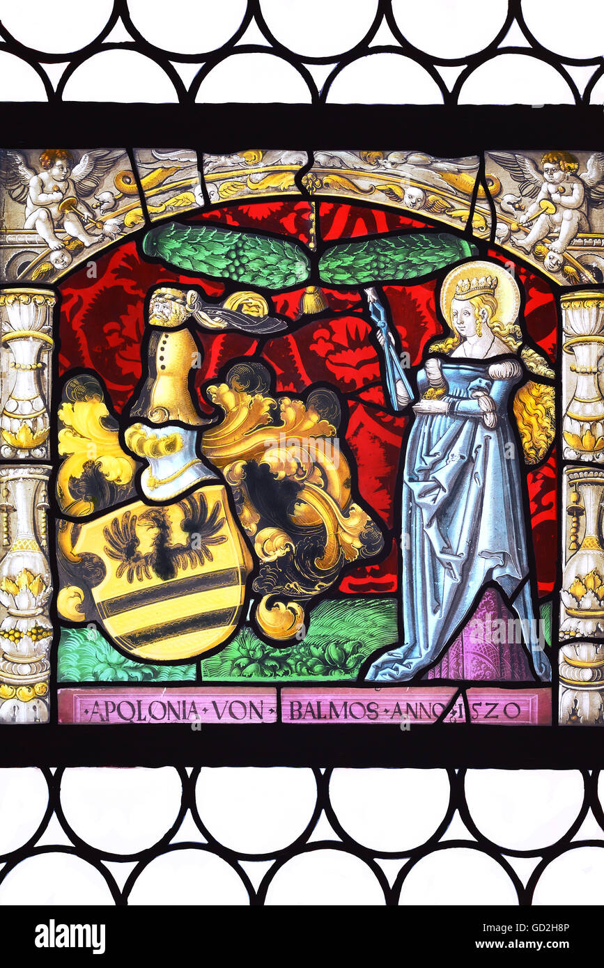 Bildende Kunst, Malerei auf Glas, Disc von Apollonia von Balmos, Ehefrau des Ritters Wernher von Meken, Zürich, 1520, Glas, 47 x 49 cm, ehemaliges Zisterzienserkloster Maris Stella, Wettingen, Artist's Urheberrecht nicht geklärt zu werden. Stockfoto