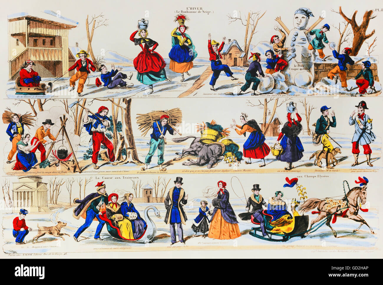 Jahreszeiten, 'der Winter, das Glück im Schnee', farbige Kreidelithographie mit Tontafel, Frankreich, um 1830, 50 x 31 cm, Privatsammlung, Zusatzrechte-Clearences-nicht vorhanden Stockfoto