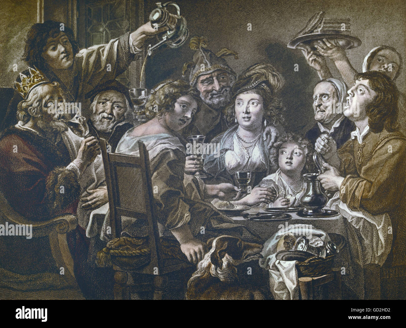 Alkohol, Trinkspree, 'der König trinkt', nach Gemälde von Jacob Jordaens (1593 - 1678), Farbstich von Ephraim Gottlieb Krüger (1756 - 1834), 26,5 x 3,5 cm, Dresden, um 1810, Zusatzrechte-Clearenzen-nicht vorhanden Stockfoto
