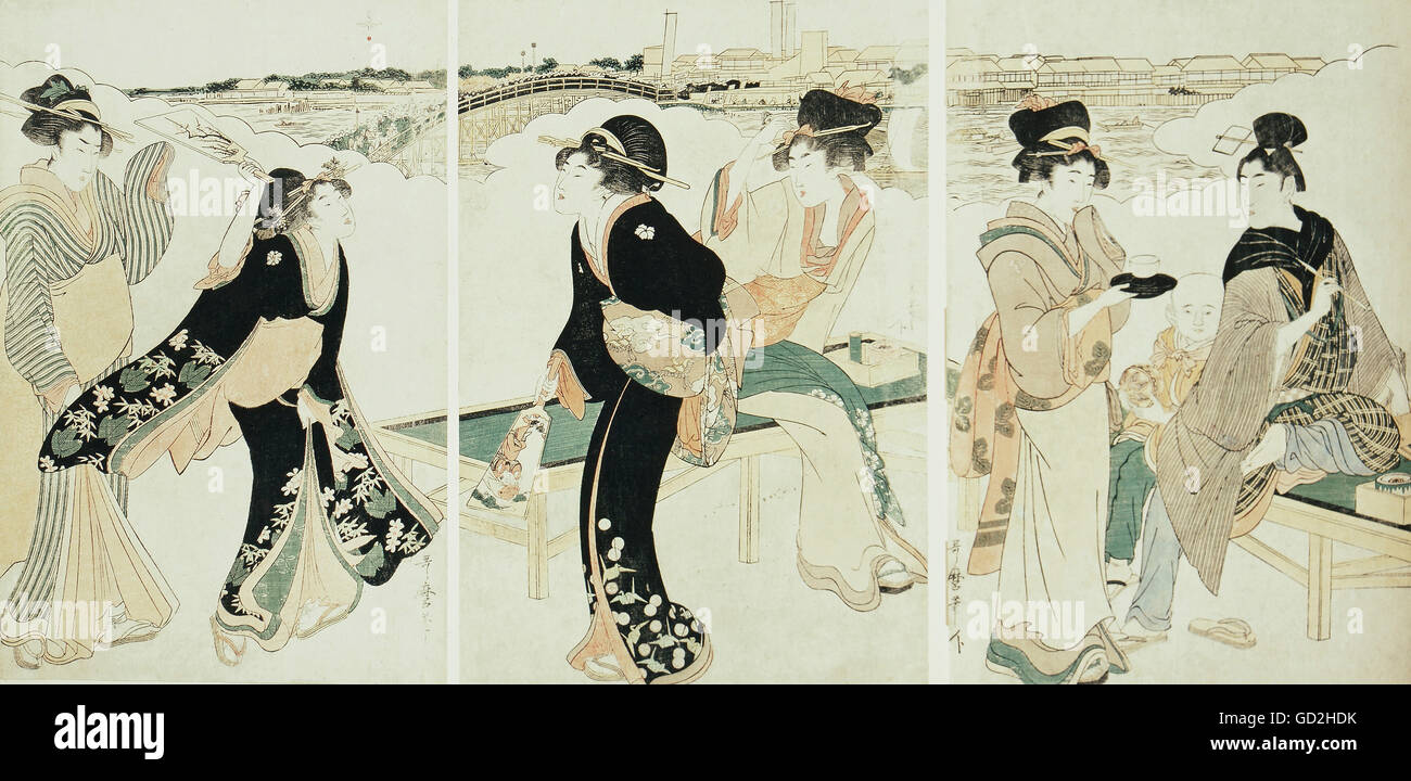 Bildende Kunst, Utamaro, Kitagawa (1753-1806), Grafik, "Damen spielen Badminton und edlen Raucherlounge, Triptychon, ca. 1795, Farbholzschnitt, 76 x 37,5 cm, Druck: Yamaguchi-ya Chusuke, private Sammlung, Artist's Urheberrecht nicht gelöscht werden Stockfoto