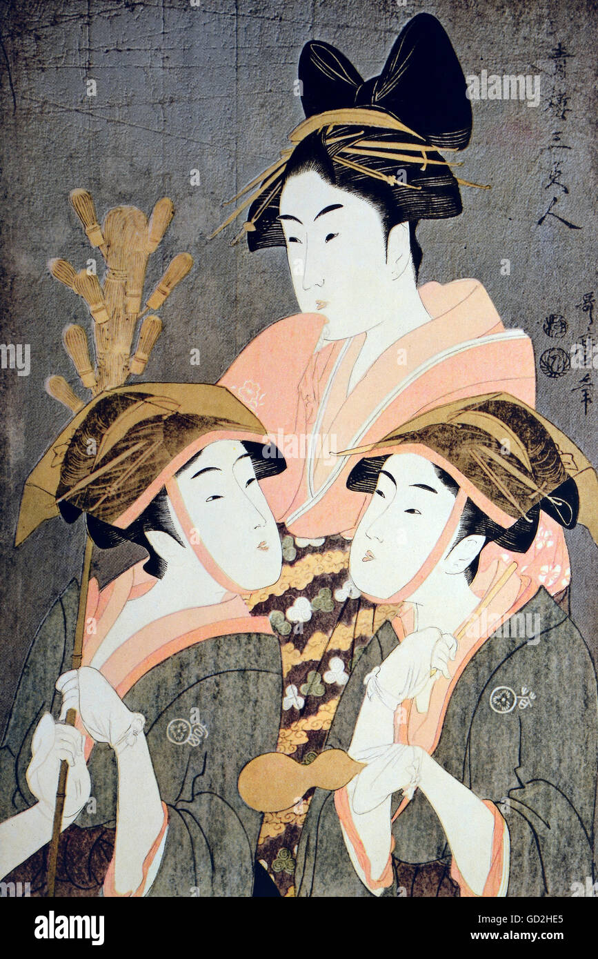 Bildende Kunst, Utamaro, Kitagawa (1753-1806), Grafik, "Drei Schönheiten der Grüne Häuser', 1790, Farbholzschnitt, private Sammlung, Washington D.C., Artist's Urheberrecht nicht gelöscht werden Stockfoto