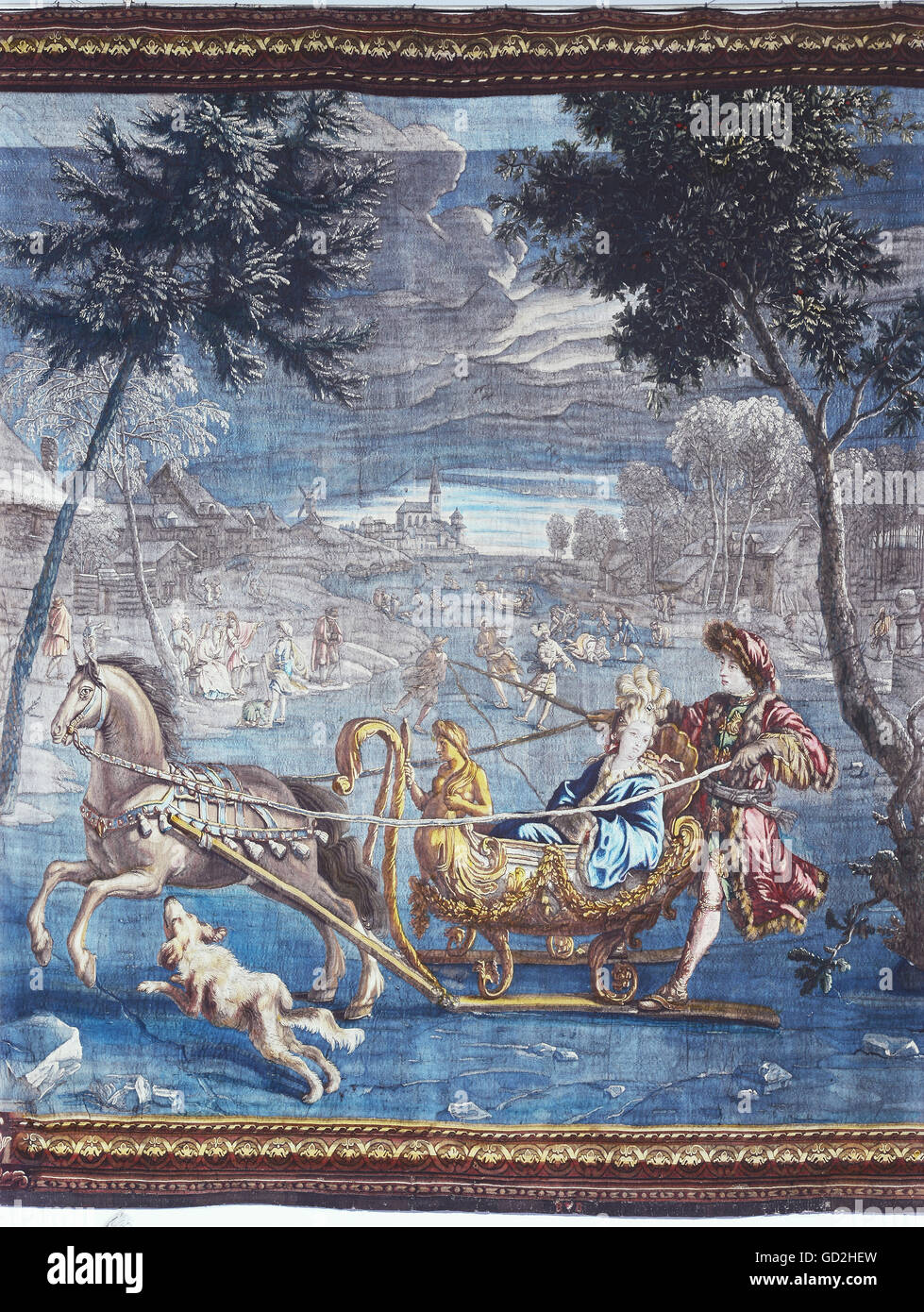 Allegorien, "Der Winter", Tapisserie, Detail, Parade Schlitten auf dem gefrorenen Fluss, der Staffeln der Serie, um 1700, F. van der Hecke Manufaktur, Brüssel, Bayerisches Nationalmuseum, München, Deutschland, Artist's Urheberrecht nicht gelöscht werden Stockfoto