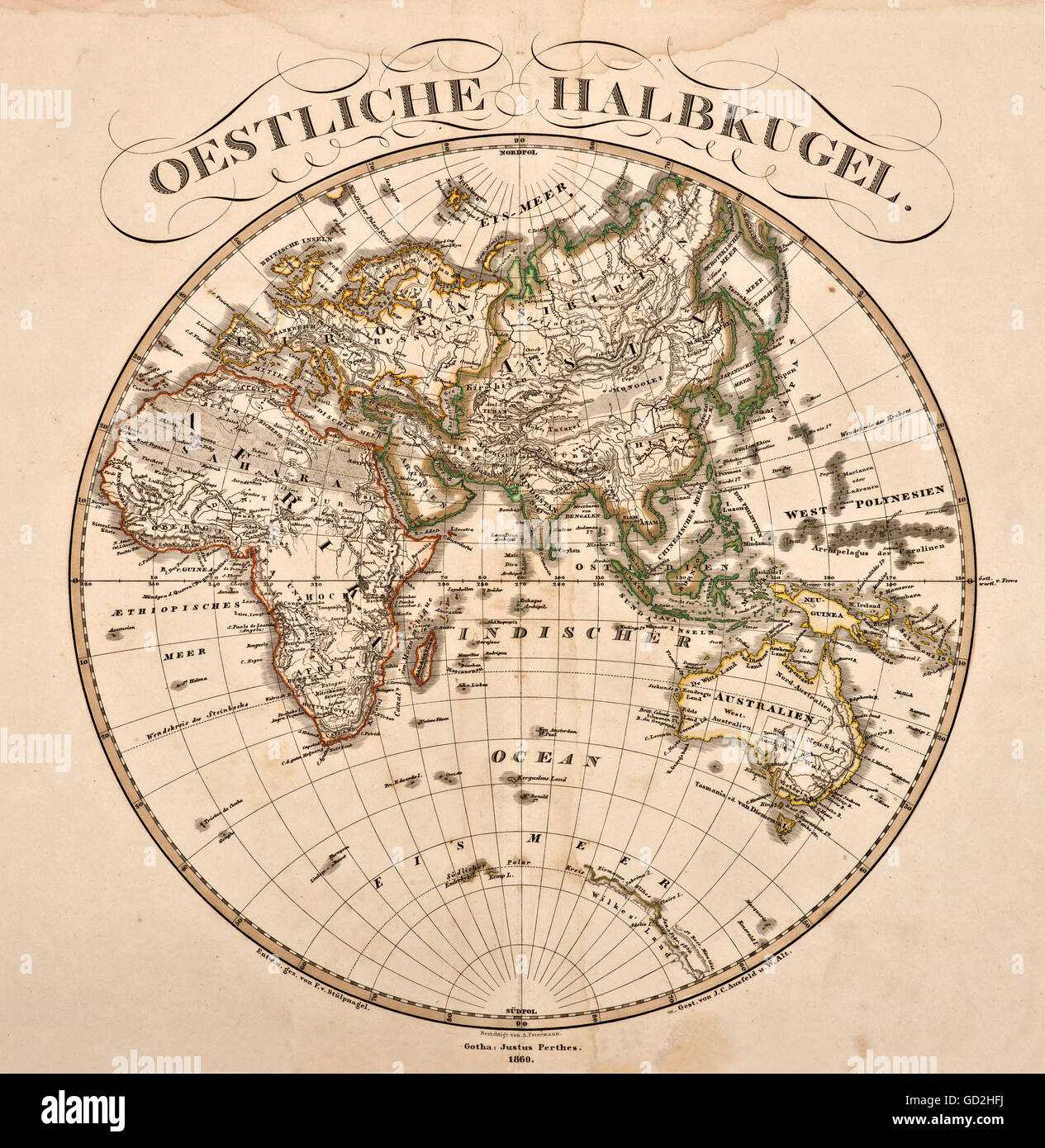 Kartographie, Weltkarte, östliche Hemisphäre, aus 'Hand-Atlas über alle Theile der Erde und ueber das Weltgebäude', Verlag Justus Perthes, Gotha, Stieler's portabler Atlas, Deutschland, 1860, Additional-Rights-Clearences-not available Stockfoto