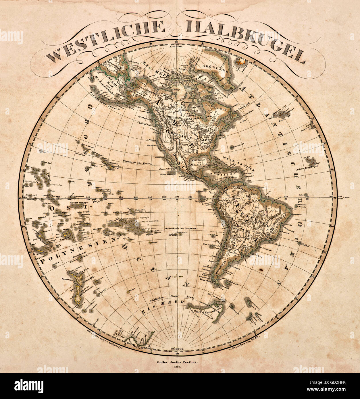 Kartographie, Weltkarte, westliche Hemisphäre, aus 'Hand-Atlas über alle Theile der Erde und ueber das Weltgebäude', Verlag Justus Perthes, Gotha, Stieler's portabler Atlas, Deutschland, 1860, Additional-Rights-Clearences-not available Stockfoto