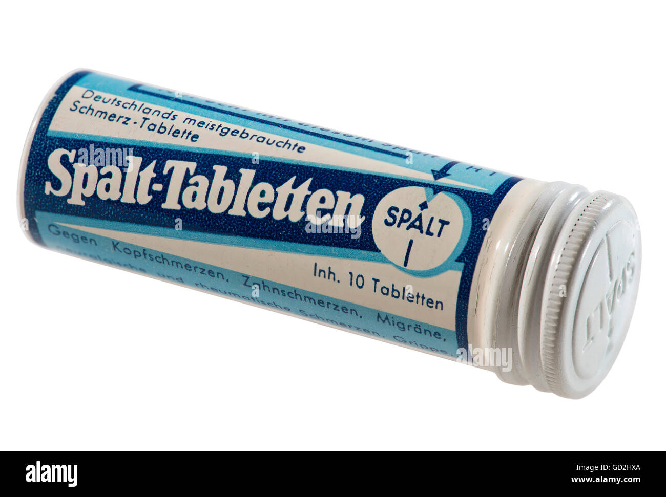 Medizin, Medikamente, Spalttabletten, kleine Tablettenröhrchen, nur 4 Zentimeter lang, hergestellt von: Prof. Dr. med. Much AG, chemisch-pharmazeutische Fabrik in Bad Soden, Taunus, Deutschland, um 1963, Zusatz-Rechteklärung-nicht verfügbar Stockfoto