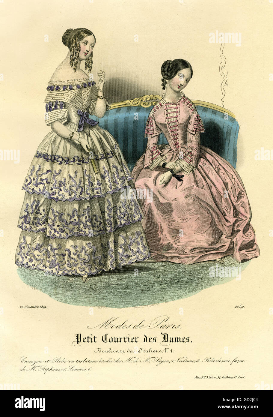 Fashion, Fashion Damen, Paris Mode, zwei Damen, aus dem Fashion Magazin 'Le Petit Courrier des Dames", farbige Kupferstich, Frankreich, 1844, Artist's Urheberrecht nicht gelöscht werden Stockfoto