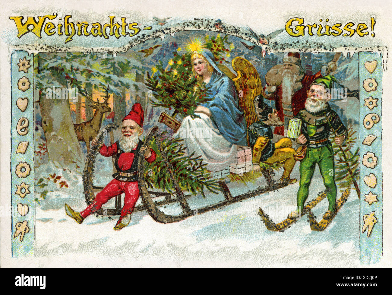 Weihnachten, Weihnachtsgrüße, das Christkind fährt nachts auf einem Schlitten durch den schneebedeckten Wald, begleitet von Zwergen und Vater Weihnachten, bringen Weihnachtsbäume und Geschenke, Deutschland, 1900, Winter, Schnee, pixy, Grüße, Gruß, Postkarte, Postkarte, Postkarten, Postkarten, Weihnachtskarte, senden am Heiligabend, 24. Dezember 1900,Heiliger Abend,Tradition,Traditionen,traditionell,Feier,festlich,festlich,festlich,sehr dekorativ,Illustration,Litho,Lithographie,Jahrhundertwende,Tom Daumen,wight,Zwerg,Zwerge,Zwerge,Milbe,pi,zusätzliche-Rechte-Clearences-nicht verfügbar Stockfoto