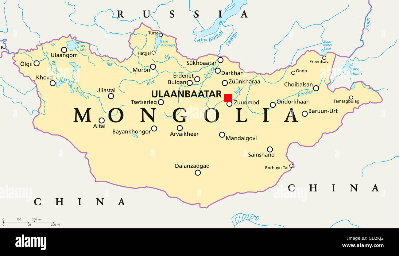 Mongolei politische Karte mit Hauptstadt Ulaanbaatar, Landesgrenzen, wichtige Städte, Flüsse und Seen. Stockfoto