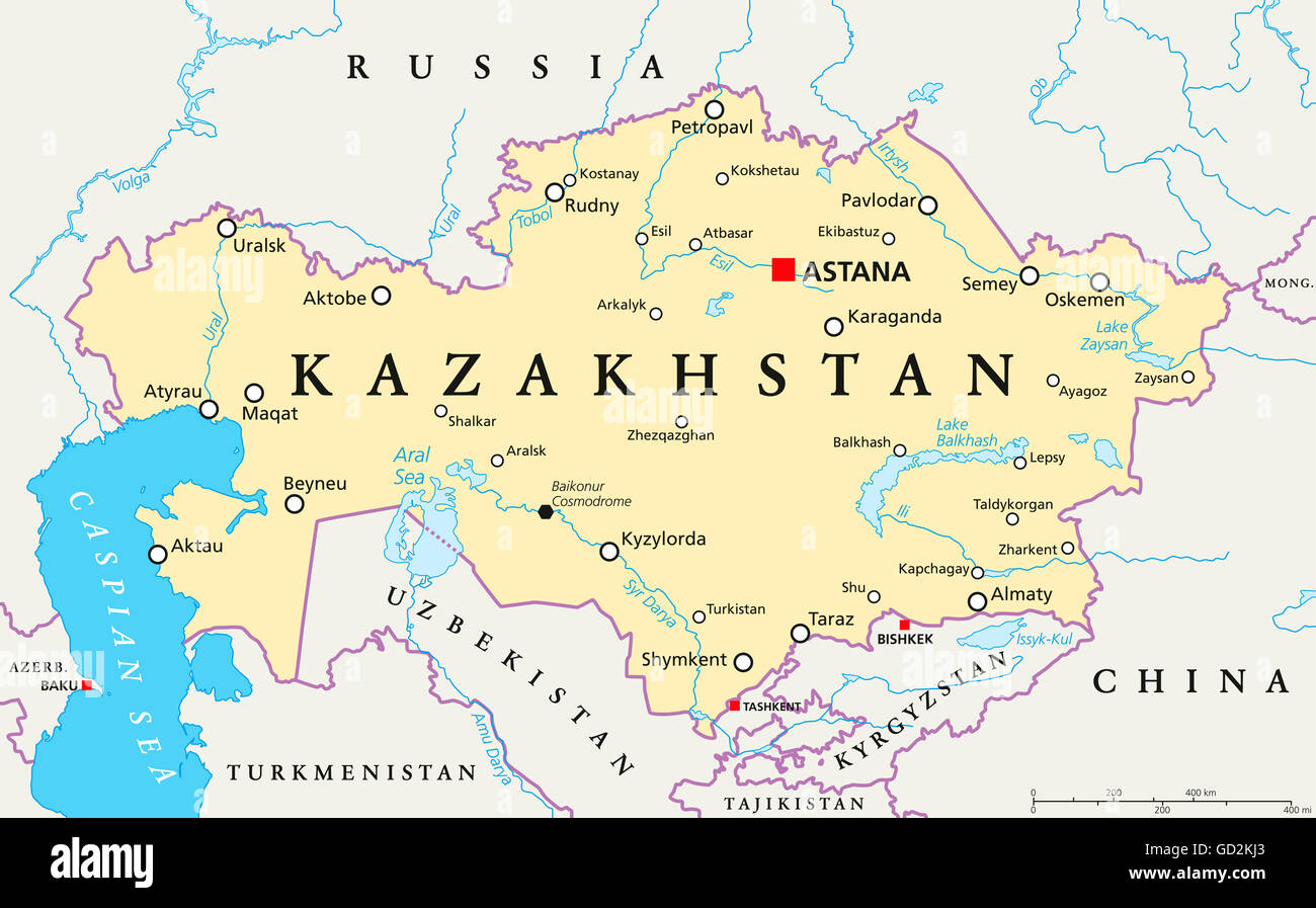 Kasachstan politische Karte mit Hauptstadt Astana, Landesgrenzen, wichtige Städte, Flüsse und Seen. Republik in Zentralasien. Stockfoto