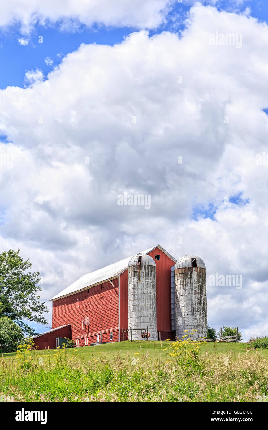 Eine alte Amish Farm im Bundesstaat New York in der Finger Lakes Region mit einem roten Scheune und Getreide Silos. Stockfoto