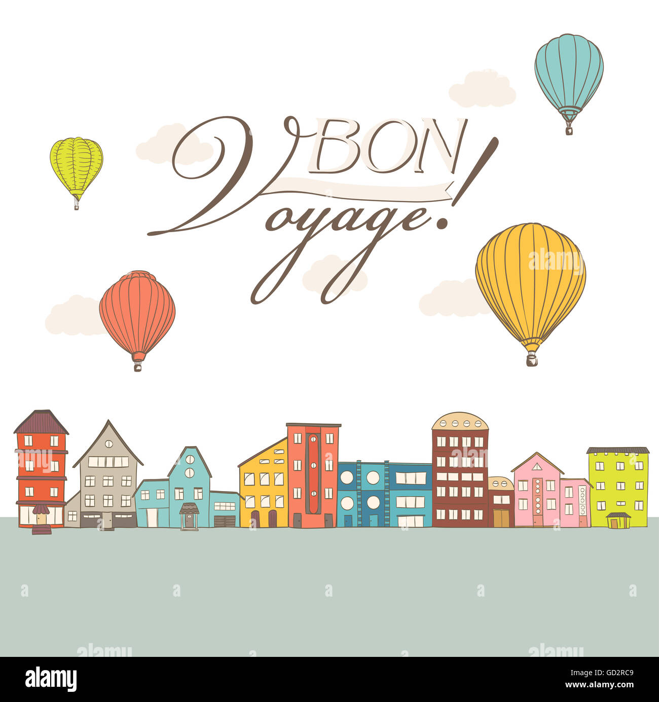 Heißluftballons Vintage Stadthäuser mit Bon Voyage Text überfliegen Stockfoto