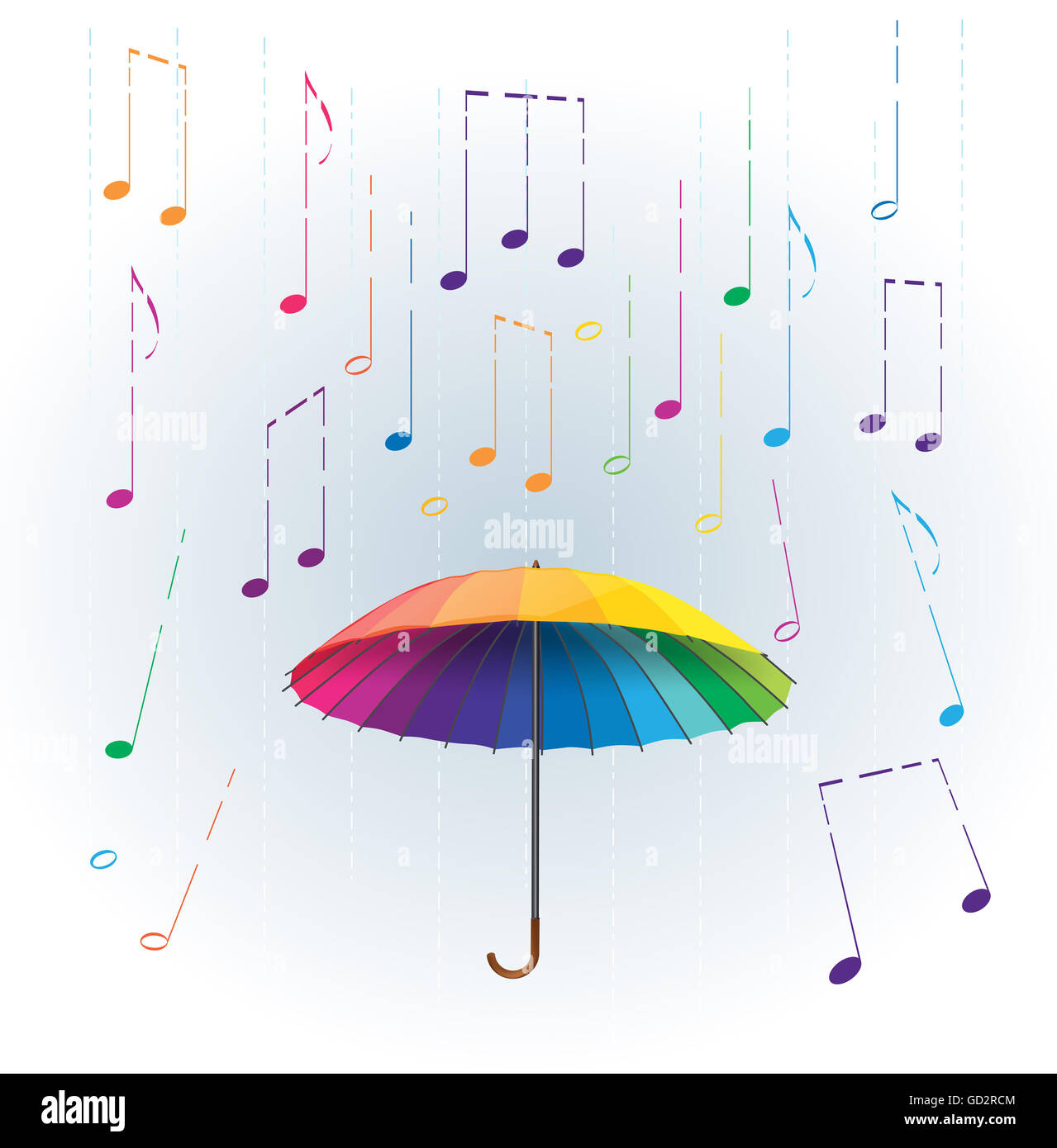regenbogenfarbenen Regenschirm mit stilisiert wie fallende Noten zu regnen. abstrakte musikalische illustration Stockfoto