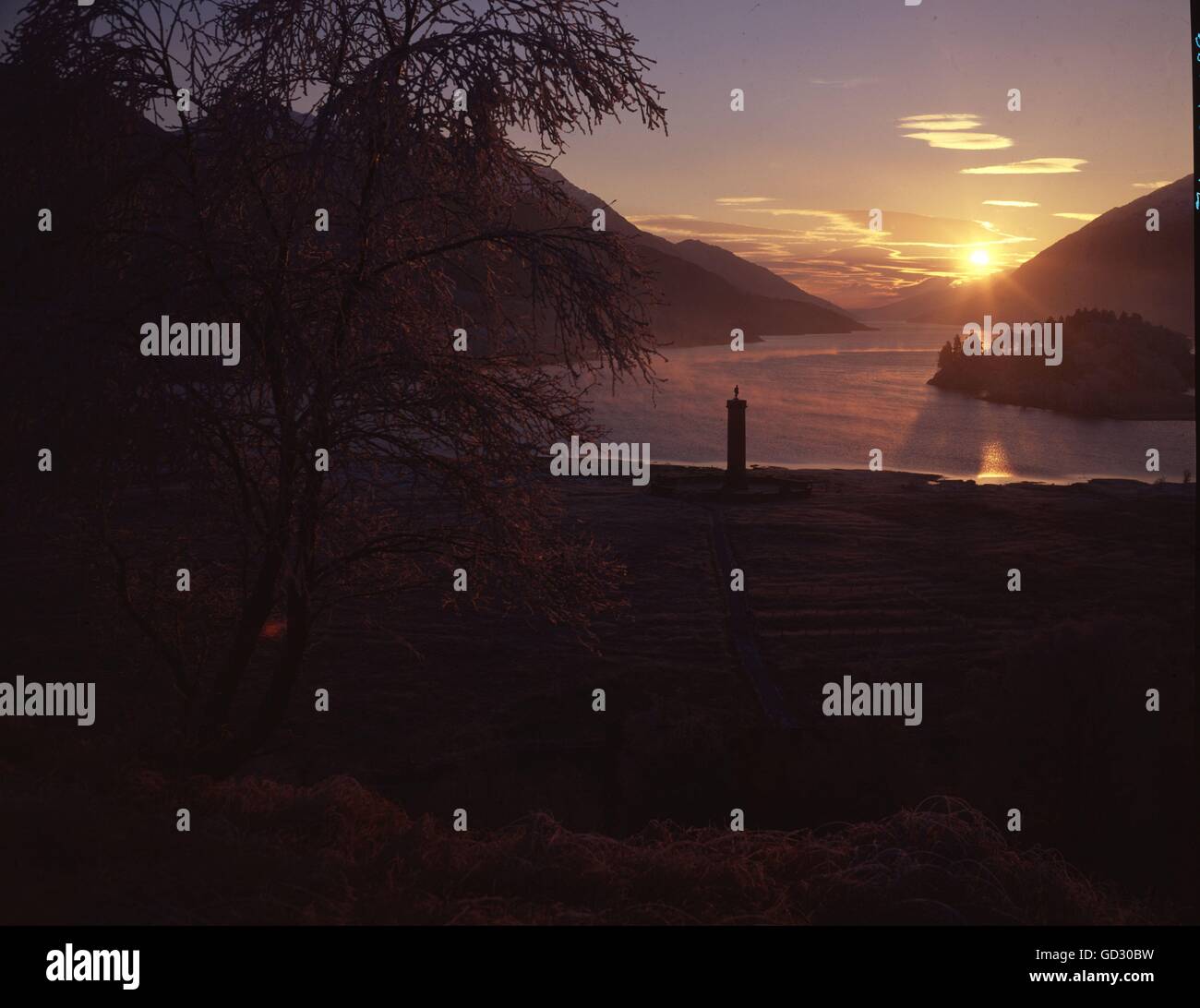 Schottland, Iverness-Shire. Eisigen Morgen von Loch Shiel mit Sever Frost dick auf die Birke.  Das Glenfinnan Monument steht Stockfoto