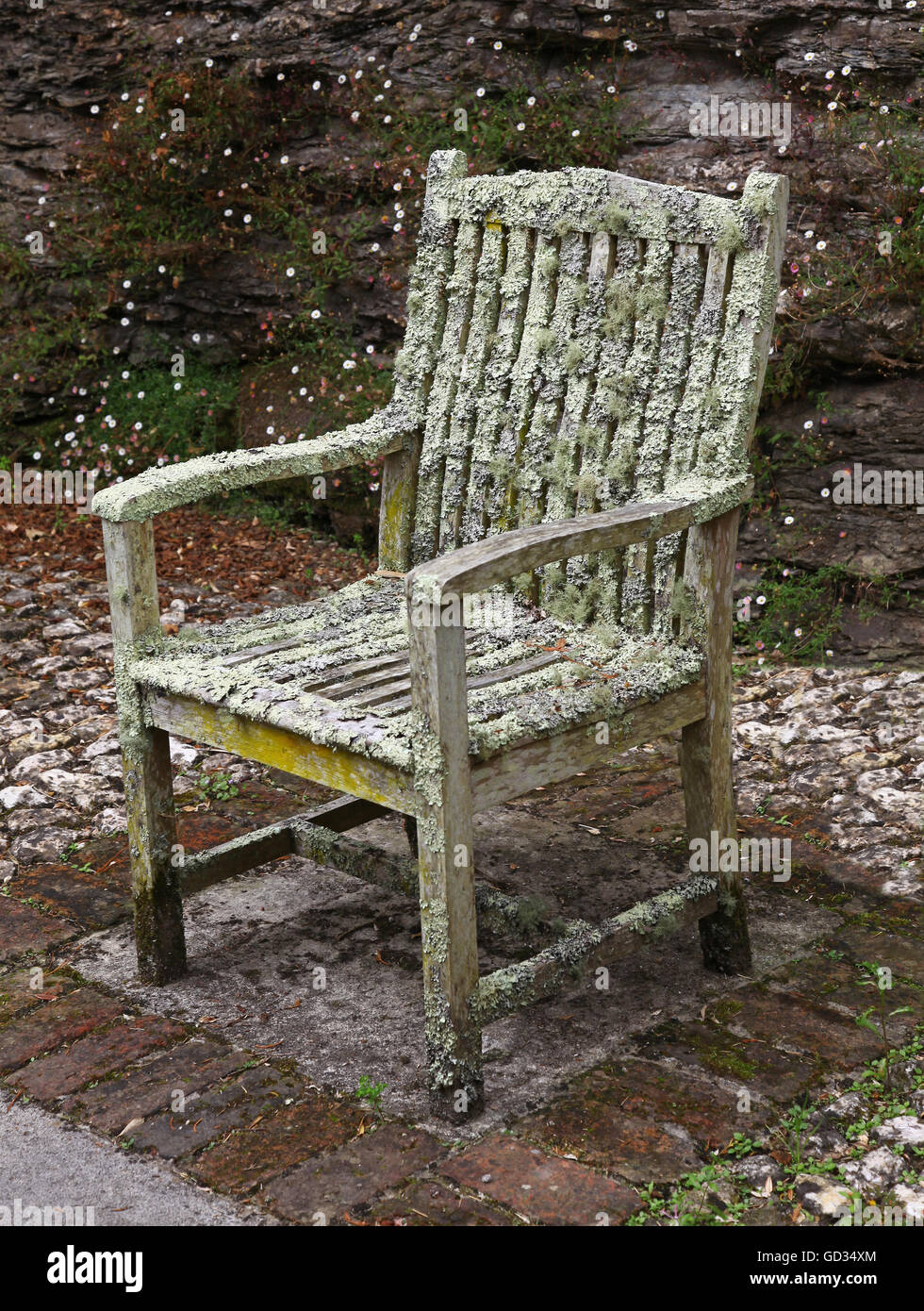 Eine hölzerne Garten-Sitzplatz oder Stuhl fallen in Flechten Stockfoto