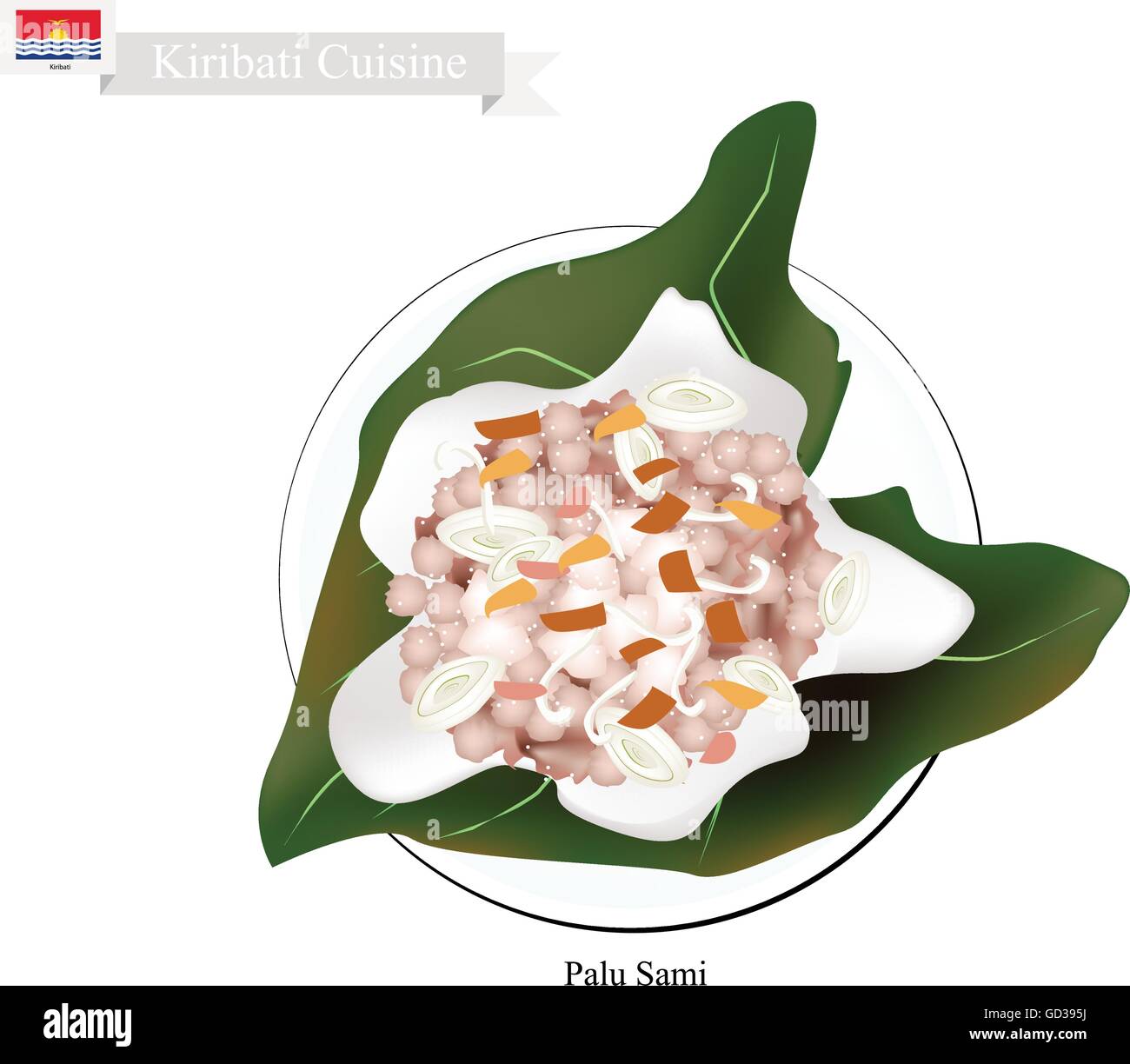 Kiribati Küche, Illustration von Palu Sami oder traditionelle Huhn oder Fisch, Kokosnuss und Zwiebel in Taro Blätter gewickelt. Eines der Stock Vektor