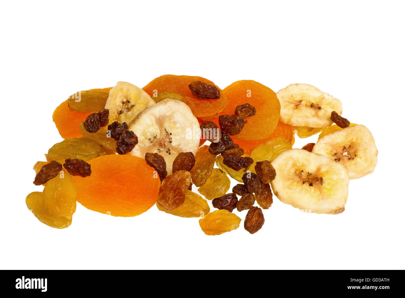 Getrocknete Früchte-Mischung isoliert auf weiss Stockfoto