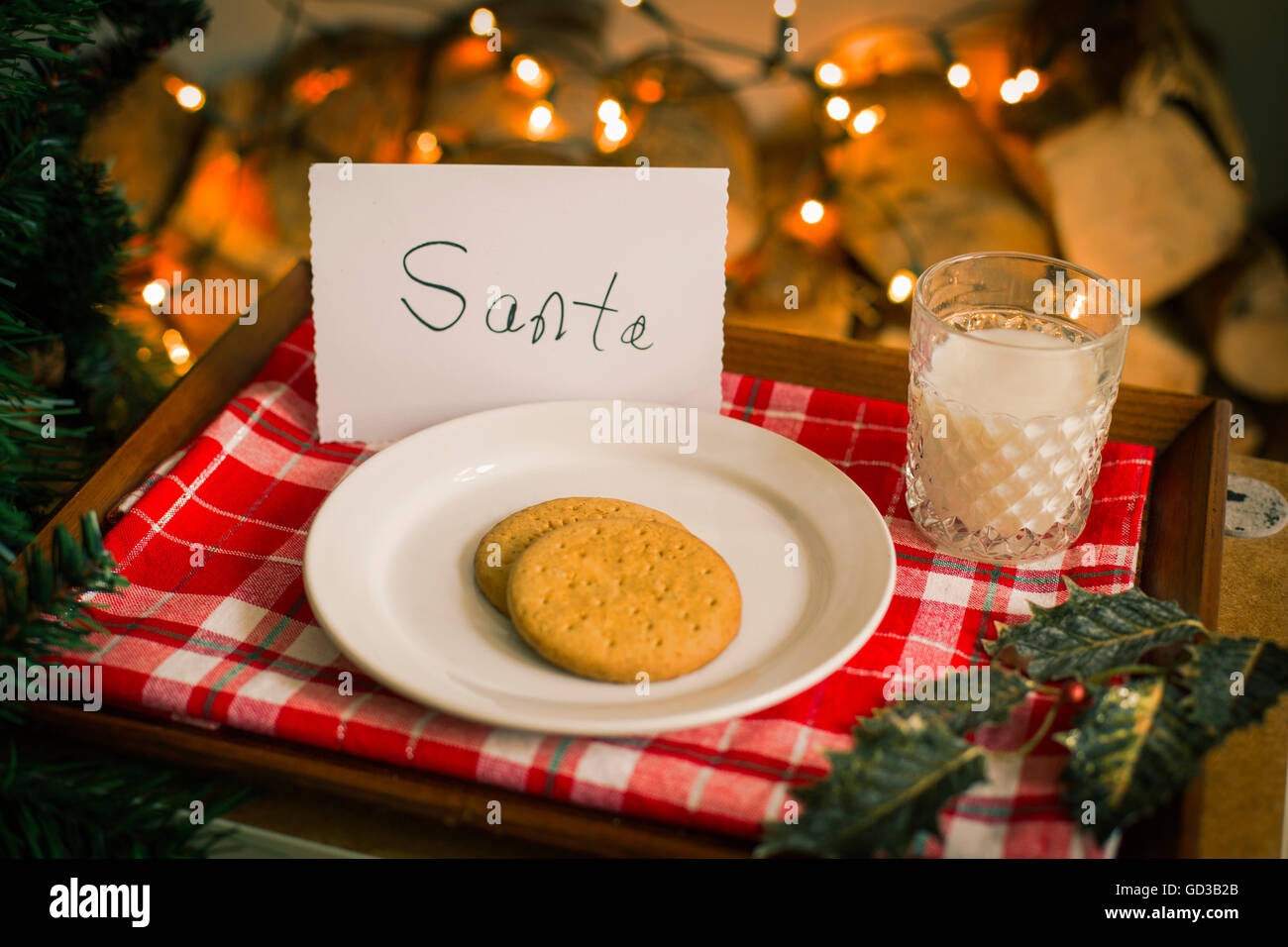 Weihnachtsvorbereitungen. Ein Teller mit Keksen und einem Glas Milch auf einem Tablett für den Weihnachtsmann. Stockfoto