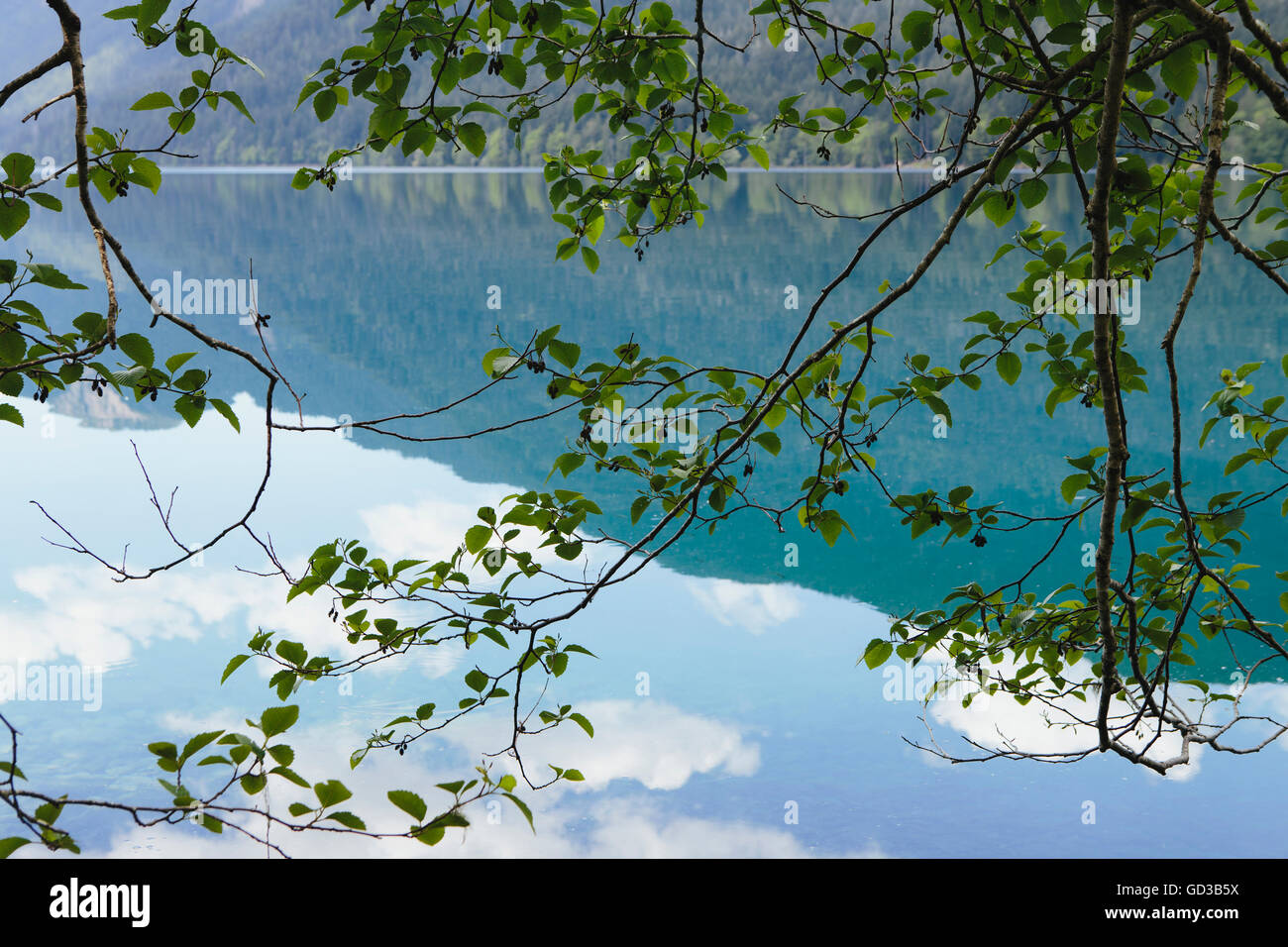 Reflexionen, Spiegel, Himmel und Wolken spiegelt sich in der Oberfläche des Wassers des Lake Crescent. Stockfoto