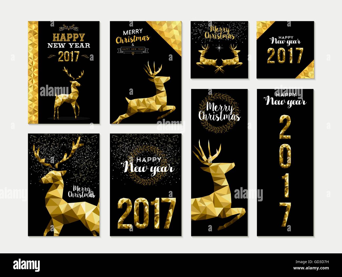 Satz von Frohe Weihnachten Frohes neues Jahr 2017 Vorlage Gold-designs mit Hirsch und Feier Elemente. Ideal für Weihnachtskarten Stock Vektor
