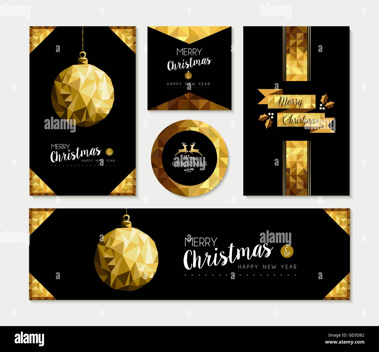 Satz von Frohe Weihnachten Frohes neues Jahr Gold Template-Design im low-Poly-Stil. Ideal für Weihnachts-Grußkarte. Stock Vektor