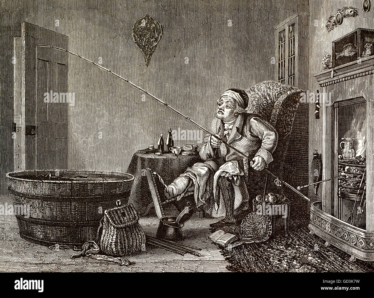 Angeln zu Hause im Wohnzimmer Stockfoto