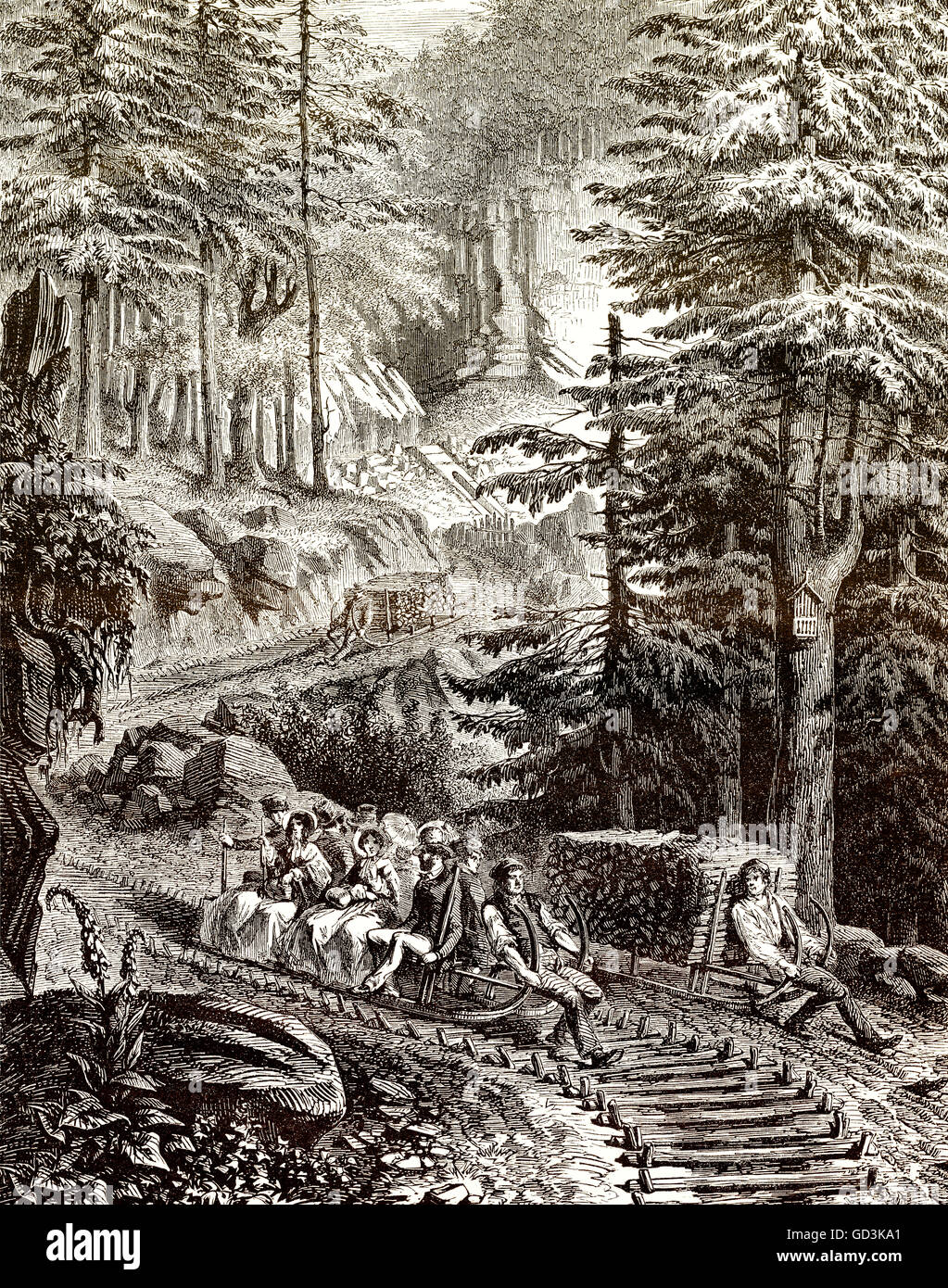 Holztransport mit einem Schlitten in den Bergen, 19. Jahrhundert Stockfoto