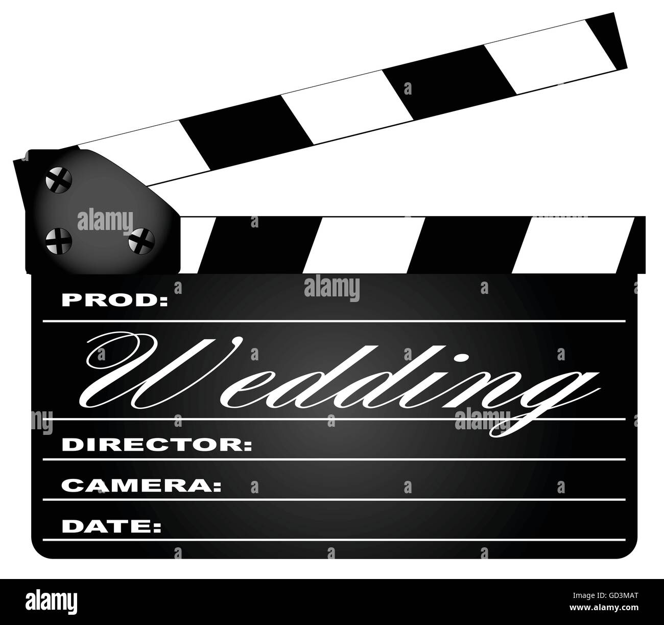 Eine typische Film-Klappe mit der Legende isoliert Hochzeit auf weiss. Stock Vektor
