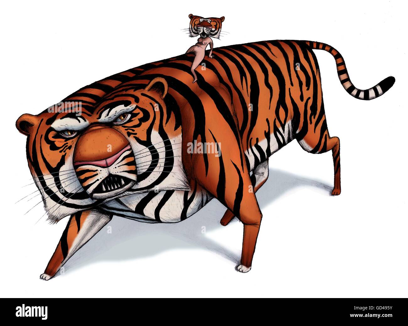 Tiger mit Frauenkörper mit Tigerkopf auf Rückseite Stockfoto