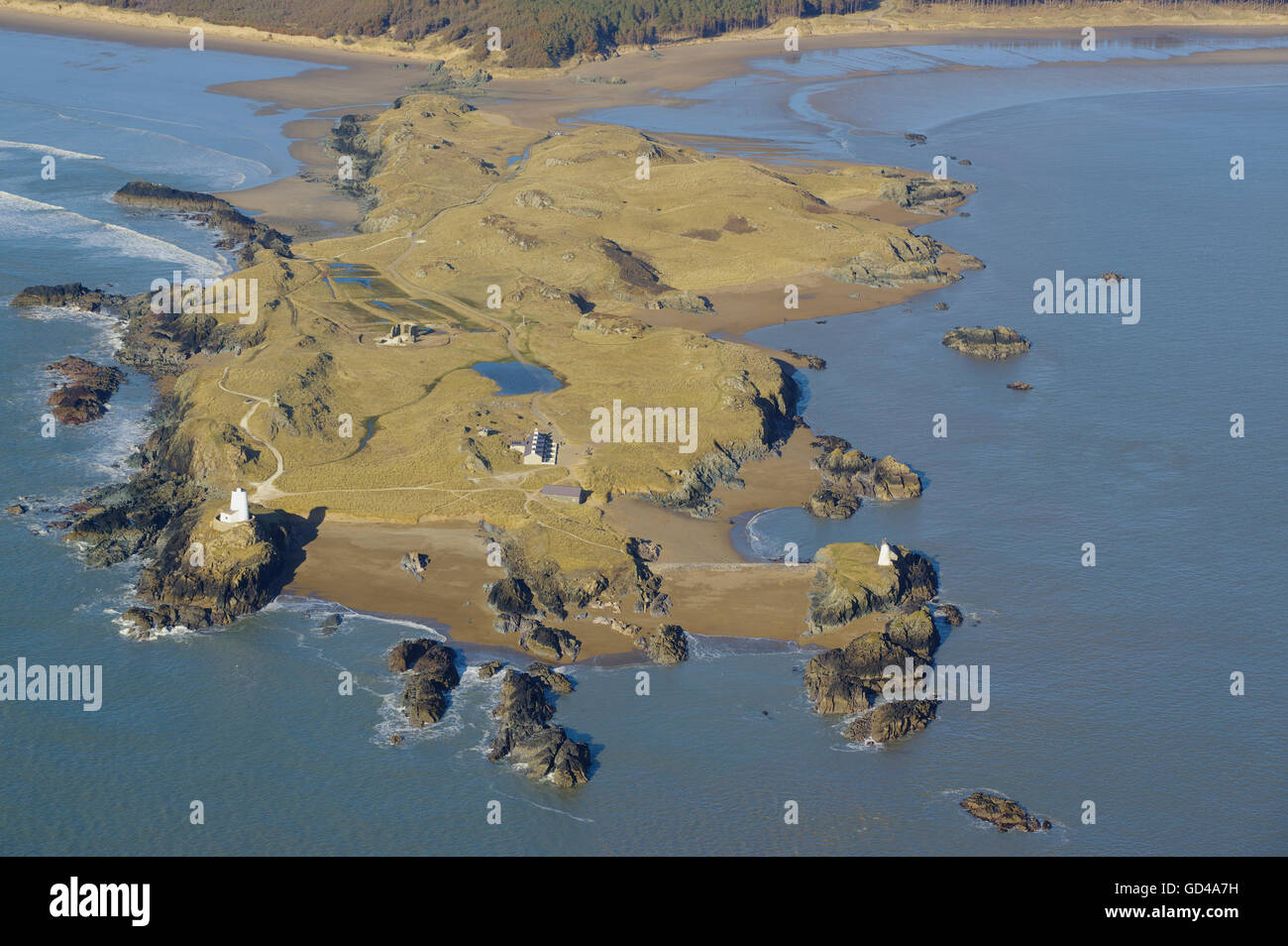Luftaufnahme von Llanddwyn Island, Anglesey, North Wales, Stockfoto