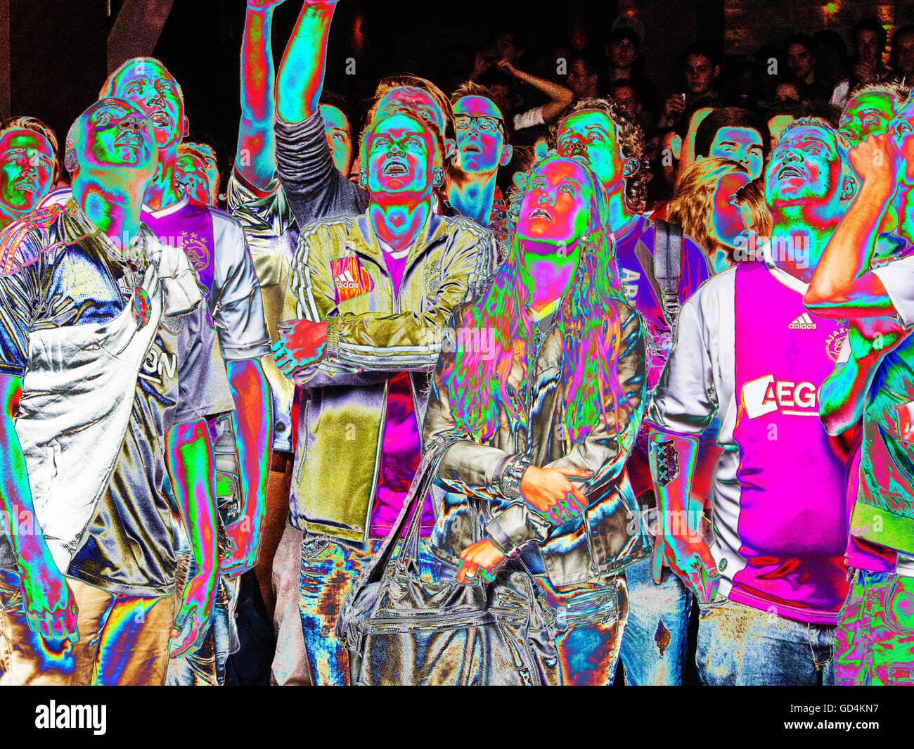 Ajax-Fußball-Club-Fans feiern ihren Verein gewann die Chapionship in Amsterdam, Niederlande. Stockfoto