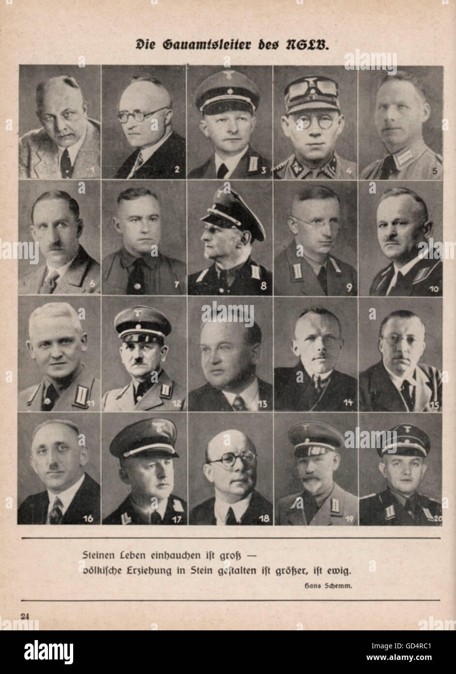 Nationalsozialismus / Nationalsozialismus,Organisationen,NSLB,Gau Büroleiter,1: Karl Gärtner,Gau Baden,2: Hans Meinshausen,Gau Groß-Berlin,3: Martin Müller,Gau Kurmark,4: Walter Kreikemeier,Gau Bremen,5: Adalbert Boeck,Kreis Danzig,6: Heinrich Siekmeier,Gau Halle Düsseldorf und Gau Koblenz,g,9: Hessen Gau Gau 10: Hessen Gau-Rheingau,11 12. Wilhelm Niemeyer,Gau Köln Aachen,13: Otto,Additional-Rights-Clearences-Not Available Stockfoto