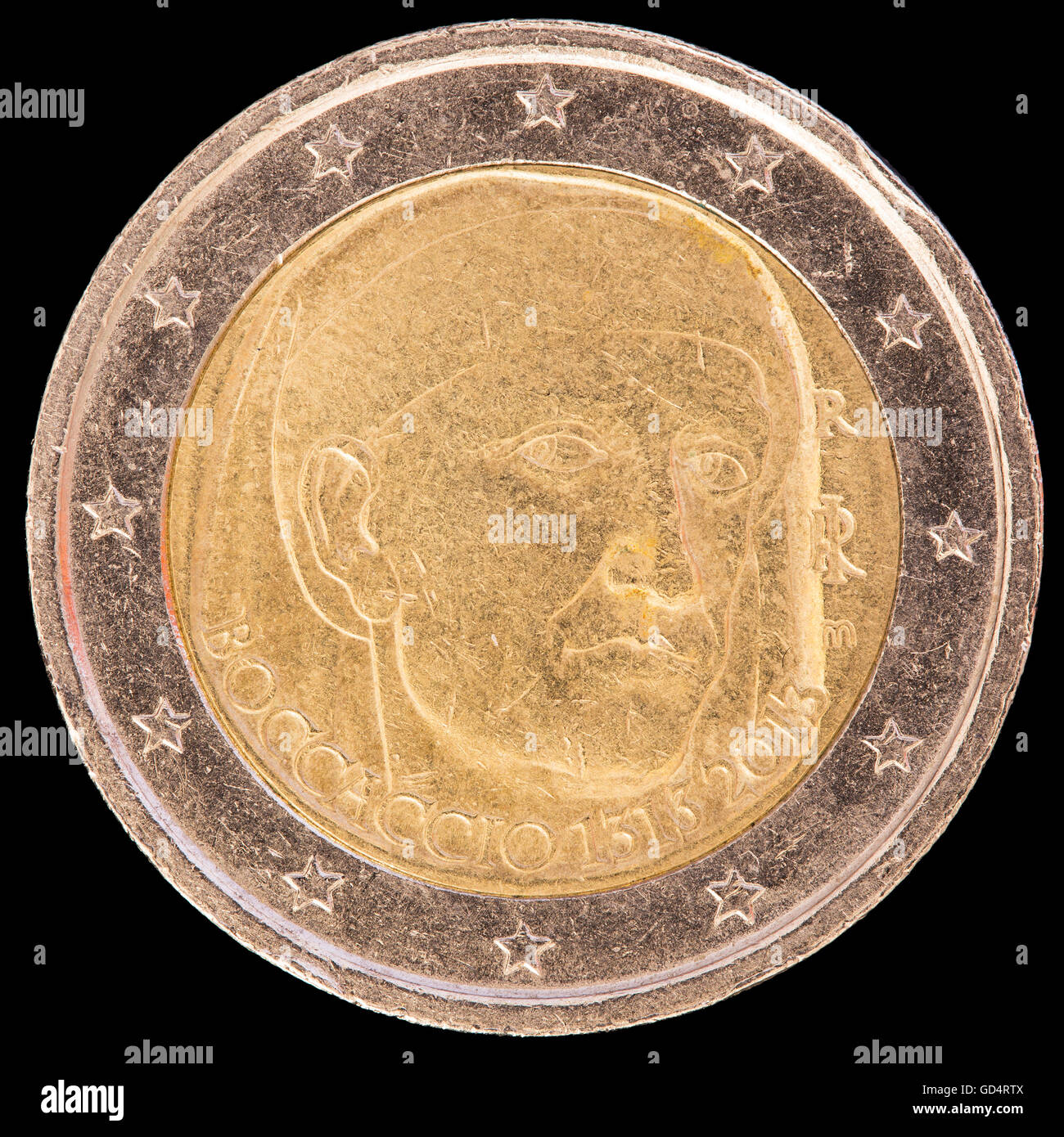 Eine Festschrift verteilt zwei-Euro-Münze von Italien im Jahr 2013 ausgegebenen und zum Gedenken an den Jahrestag der Geburt des italienischen Dichters Stockfoto