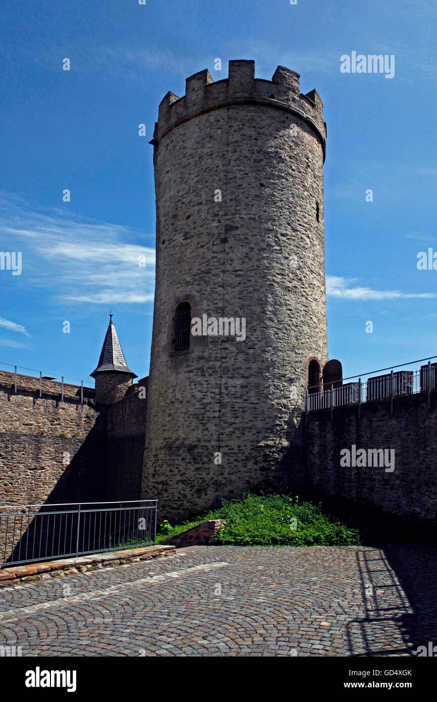 Turm von Biedenkopf Burg, Wahrzeichen der Stadt Biedenkopf, Stadtteil von Marburg-Biedenkopf, Hessen, Deutschland Stockfoto