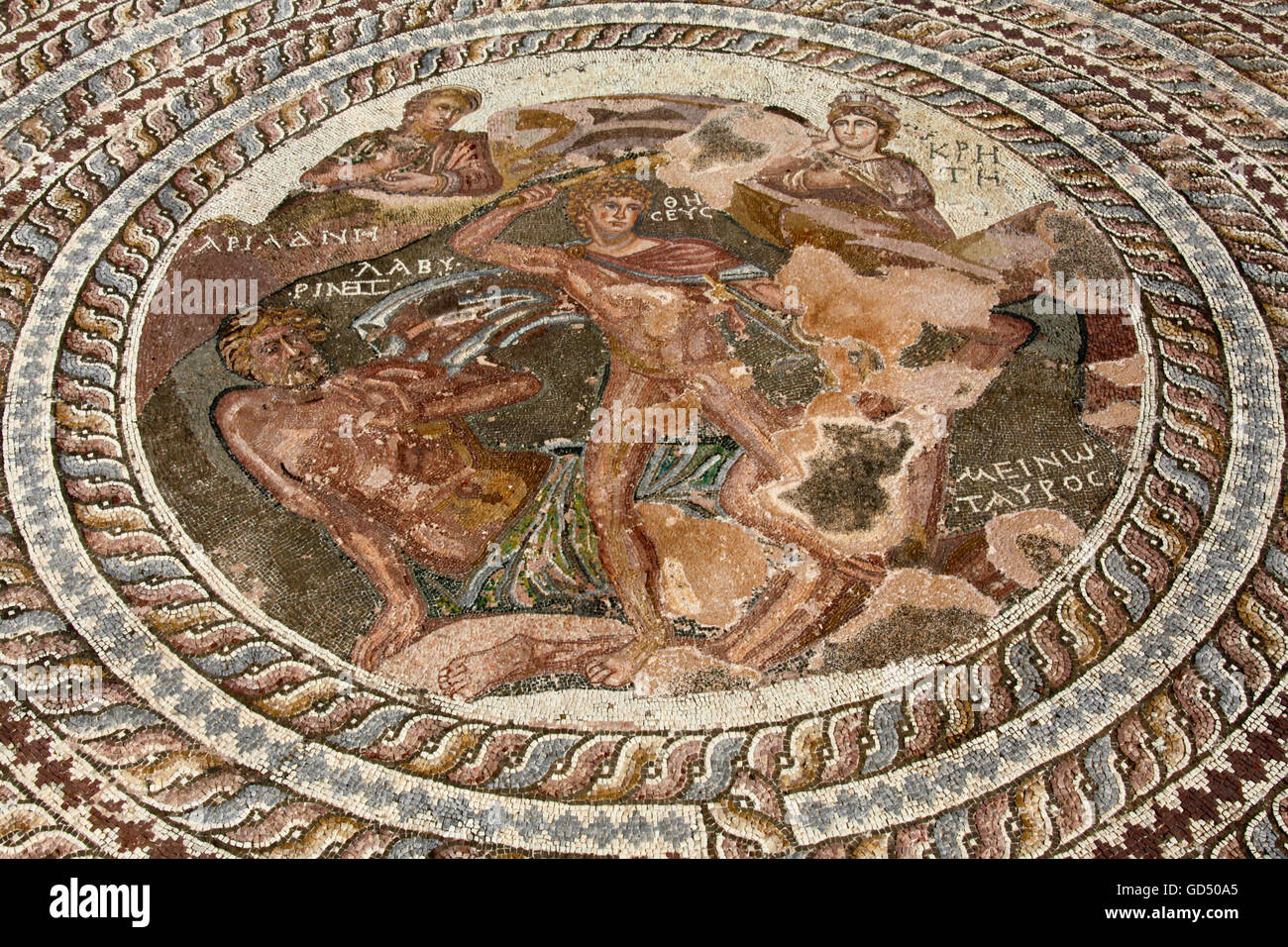 Mosaik-Theseus und dem Minotaurus, archäologischen Park von Paphos, Republik Zypern / Paphos Stockfoto