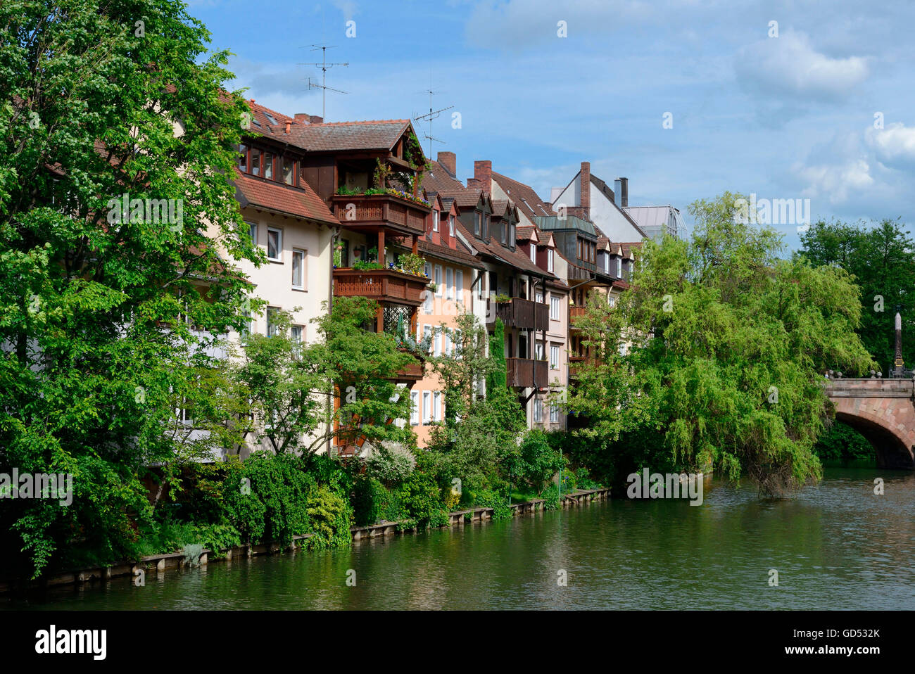 Häuser am Fluss Pegnitz, Nürnberg, Franken, Bayern, Deutschland Stockfoto