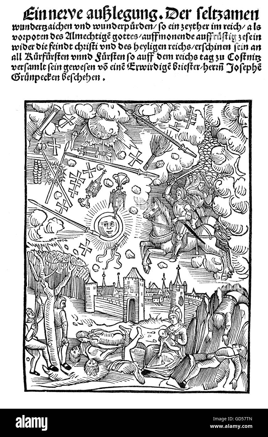 Holzschnitt für ein Titelbild von 1507. Die Bildunterschrift lautet: '' Faksimile des Titels von Gruenbeck 'Eine Neue Ausslegung der Seltsamen Wunderzaichen'...''. Die genannten Grünbeck ist möglicherweise eine falsche Schreibweise des Gruenpeck (Josef), bayerische Humanist, Arzt, Astrologe, Historiker und Priester aus jener Zeit (1473-1530). Stockfoto